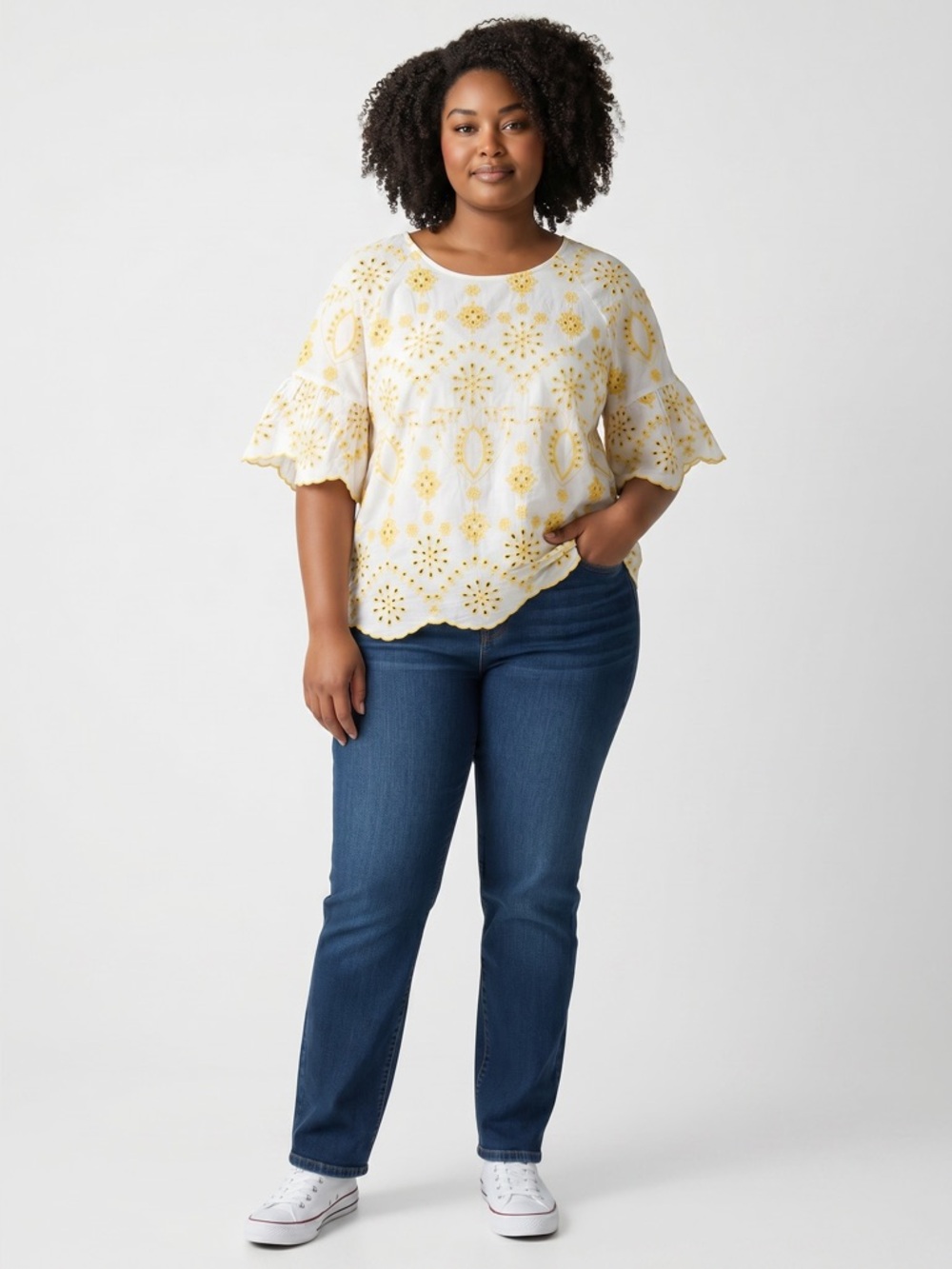 Given Kale White Yellow Eyelet Lace Blouse Size L Scallop Edge Summer Cotton - Picture 2 of 9